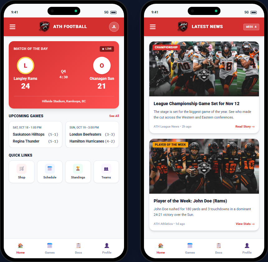 ATH Football League App Front Page Mobile Screens